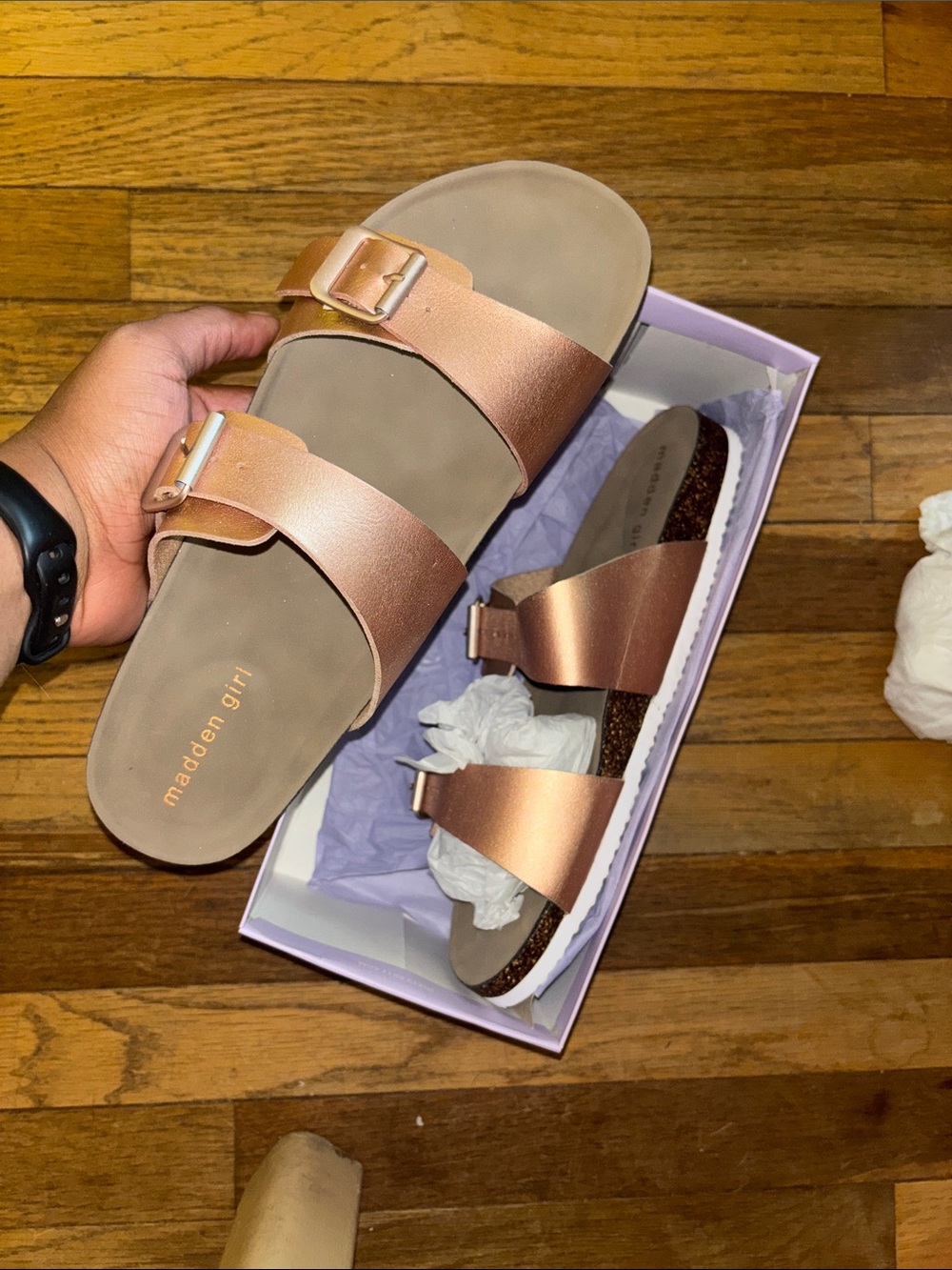 Madden Girl Metallic Rose Gold Double Buckle Slides